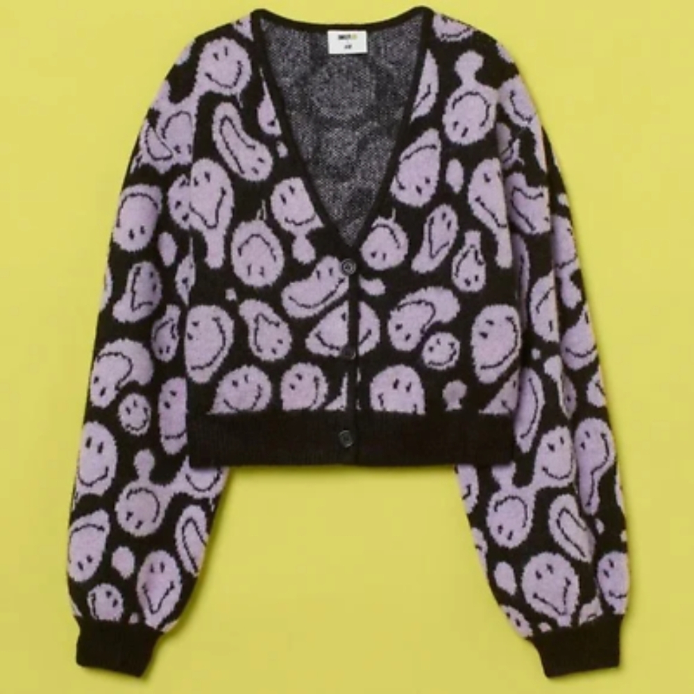 SMILEY x H&M Jacquard Knit Fuzzy Wool Cropped Cardigan Lavender Size XL